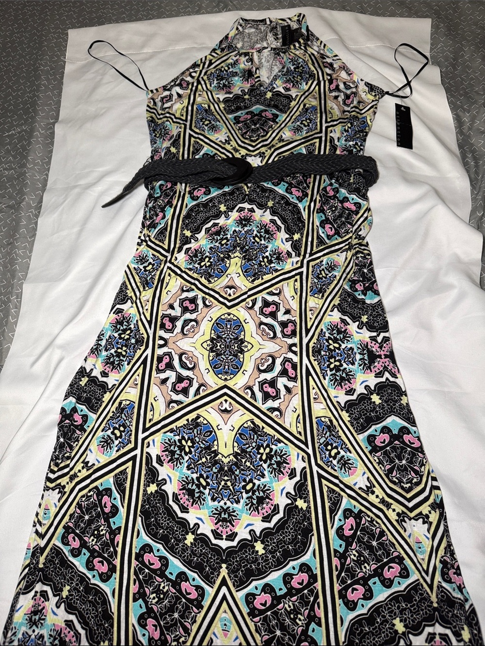 attention Black Multi Geometric Halter Maxi Dress with Belt